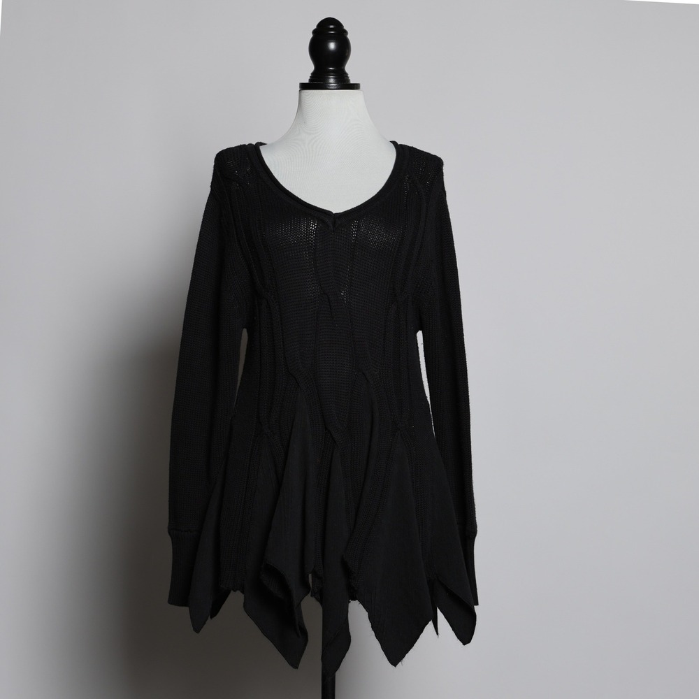 Goth Emo V-Neck Black Cable Knit Long Sweater Small Dark Academia